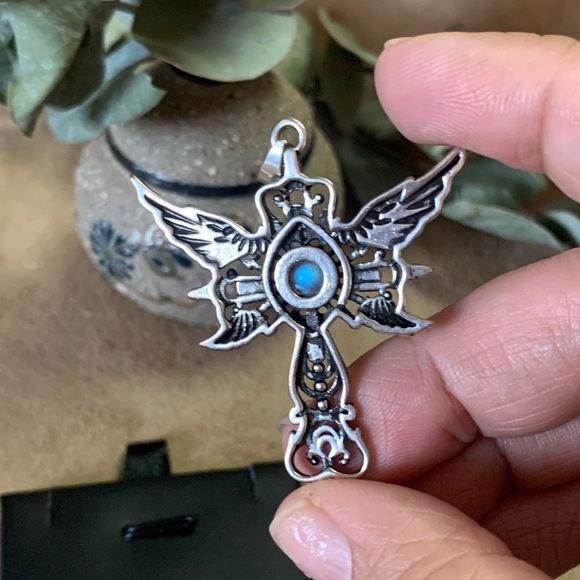 Light Blue Labradorite Winged Cross Pendant - Picture 4 of 4